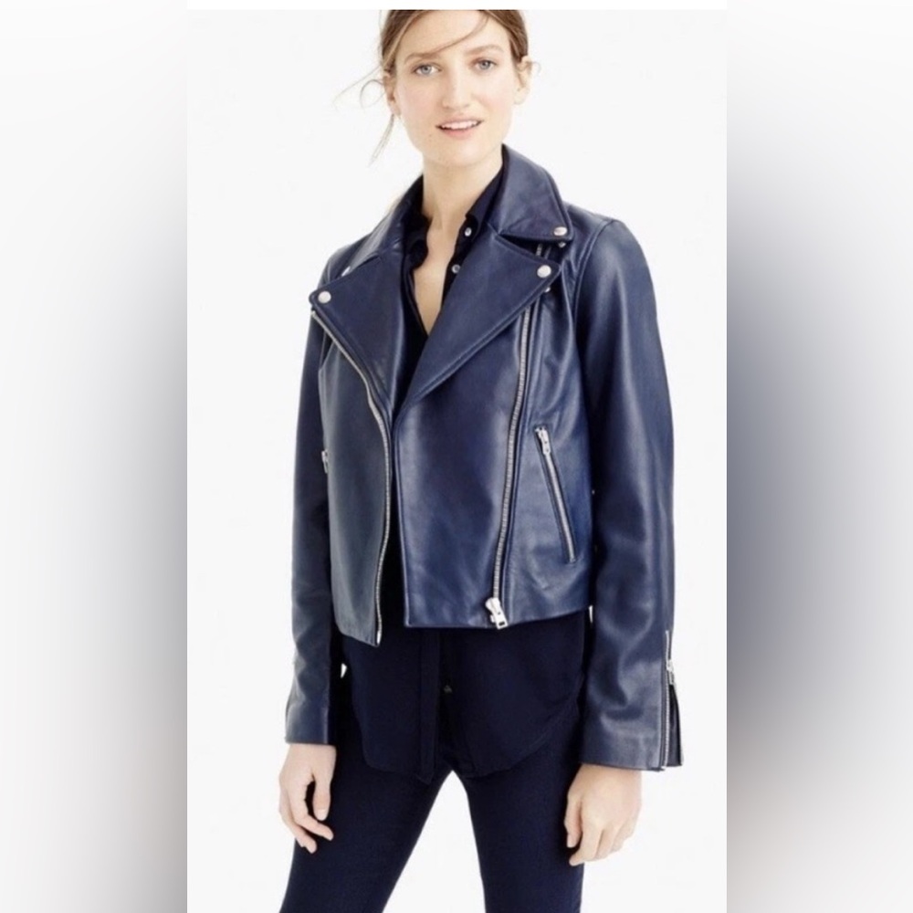 J. Crew Collection Moto Blue Leather Jacket